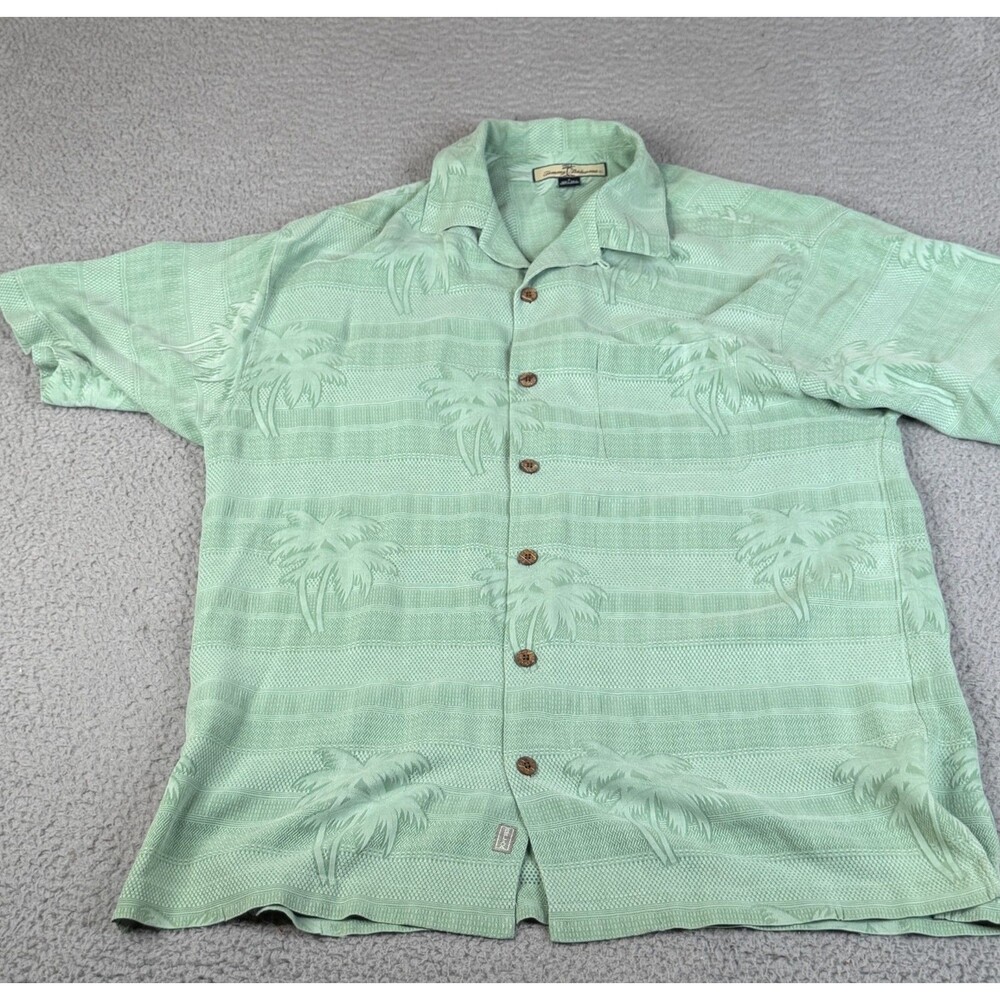TOMMY BAHAMA Shirt Mens Small Green Silk Palm Tree Button Up Hawaiian Camp Aloha
